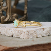 Round White Opal Rainbow Sparkle Leaf Promise Ring Nature Inspired Six Claw Setting